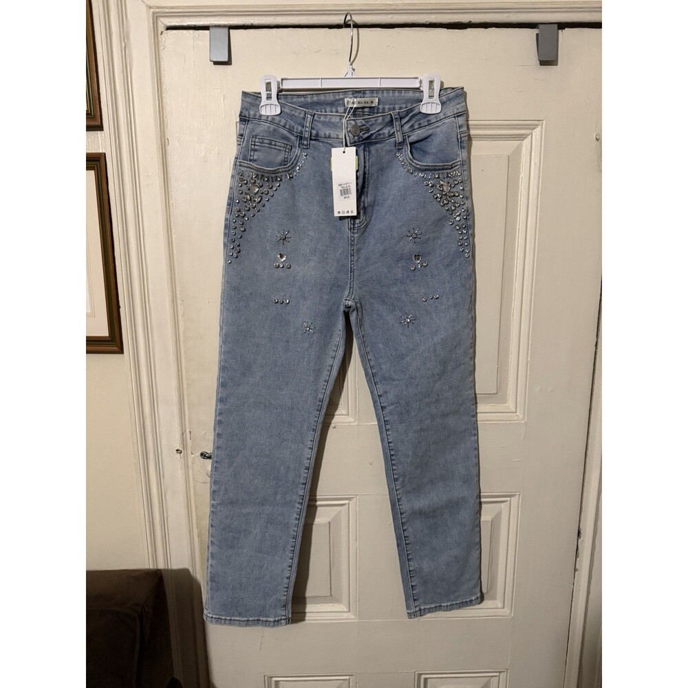 NWT Miss Mia Mia Light Wash Rhinestone Straight Jeans XL Stretch Sparkle Denim